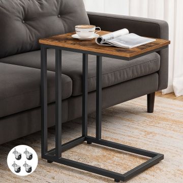 Masa de Cafea Laterala Elindor® in Forma de C, Design Industrial, Ideala pentru Living, Birou, Dormitor, Mobila mUltifunctionala, Moderna, Greutate Maxima Suportata 25 kg, Roti Detasabile Incluse, 50 x 35 x 60 cm, Maro / Negru - Default Title