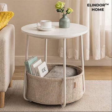 Masa de Cafea Laterala Elindor® Rotunda, Design Industrial, Ideala pentru Living, Birou, Dormitor, Mobila Multifunctionala, Moderna, Greutate Maxima Suportata 35 kg, Cos Depozitare, 50 x 45 x 45 cm, Alb - Default Title