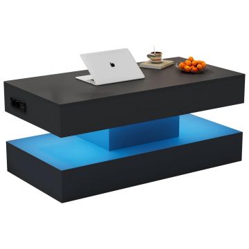 Masă de cafea modernă cu iluminare LED și spațiu de depozitare ascuns, măsuță laterală cu sistem hidraulic de ridicare, 100x50x42 cm, Negru