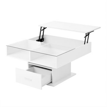 Masă de cafea multifuncțională, cu finisaj lucios și lift, cu iluminare LED, reglabilă pe înălțime și cu spațiu de depozitare flexibil, 78x78x45,5 cm, Alb