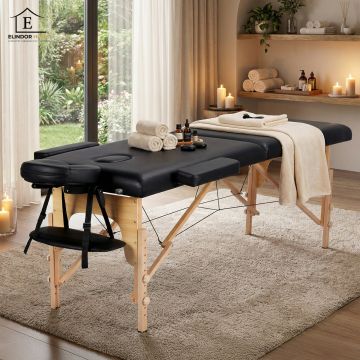 Masa de Masaj Elindor® cu Tetiera, Pliabila si Portabila, Universala, Usor de Transportat, Pat Cosmetica, Saltea Burete, Inaltime Reglabila 64-86 cm, Greutate Maxima Suportata 100 kg, Lemn/Piele ecologica, Negru - Default Title