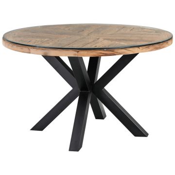 Masă din lemn, metal, sticlă, 130/130/76 cm,