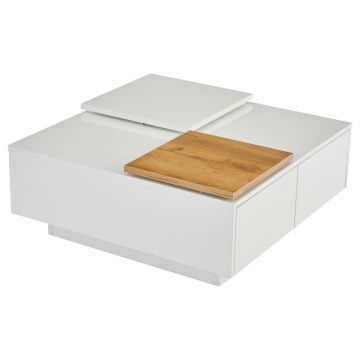 Măsuță de cafea modernă cu finisaj lucios, cu blaturi de masă glisante și 4 sertare, 75x75x33 cm, Alb