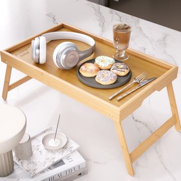 Masuta Bej Pliabila Elindor® din Bambus Natural, pentru Mic Dejun la Pat, Portabila, Masa Multifunctionala pentru Servire sau Laptop, Usor de Curatat - Default Title