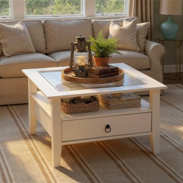 Masuta de cafea Provence 1, Inter Link, 75x75x45 cm, lemn/sticla securizata, alb