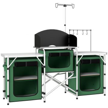 Outsunny Mobilier de Bucătărie pentru Camping Pliabil cu 3 Blaturi, 4 Cârlige, Stâlp de Lumină și Husă de Transport 172x48x119 cm Verde | Aosom Romania