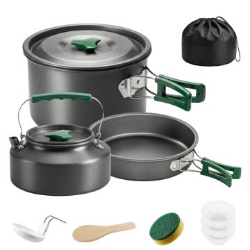 Outsunny Set de vase pentru camping din aluminiu 11 piese, cu geantă de depozitare și mânere anti-arsură, Ø19x10cm, Gri | Aosom Romania