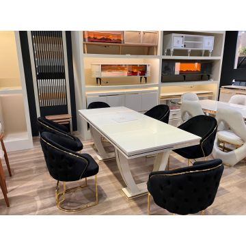 Set Dining Luxury Velvet Gold – Masă Alb Lucios + 6 Scaune Catifea Neagră
