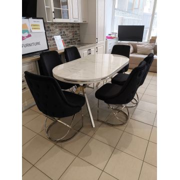 Set Marbella masă fixa tip marmură + 6 scaune catifea neagră