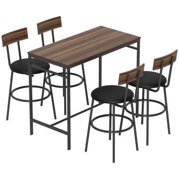 HOMCOM Set masă de bar 5 piese cu 4 scaune, design industrial, pentru bucătărie, sufragerie, lemn, oțel, maro | Aosom Romania