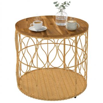 Outsunny Măsuță laterală Ø50 cm rezistentă la intemperii, masă de grădină cu aspect de rattan, blat din lemn de acacia, picioare reglabile Teak | Aosom Romania