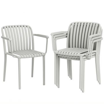 Outsunny Set 4 Scaune de Grădină Stackabile din Polipropilenă Anti-UV, Design Lamelar cu Cotiere, pentru Terasă Balcon Exterior Interior, Gri | Aosom Romania