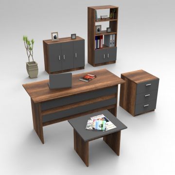 Set de mobilier de birou Barsto, Alb - Nuc - Stejar, 5 piese Elegante