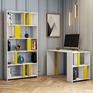 Set De Mobilier De Birou Elegant Sevda, Alb - Galben, 2 piese, 20x90x180 cm