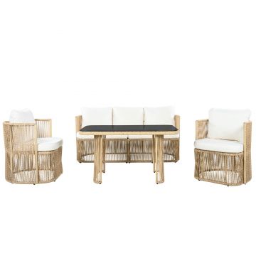 Set mobilier de grădină din PE‑rattan, 5 piese, canapea 3 locuri, 2 fotolii și masă cu blat din sticlă, Bej+Negru+Alb