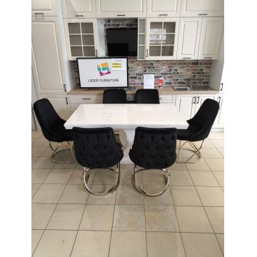 Set Monza masa fixa + 6 scaune modern alb lucios cu scaune catifea neagră