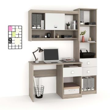 Birou complet MODUS 2 cu dulapuri si rafturi, Oak, Alb