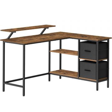 Birou forma l suport monitor 2 rafturi 2 sertare, 105x135x76 cm, industrial, maro rustic