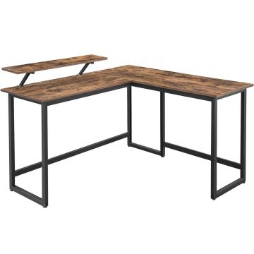 Birou forma l suport monitor cadru metalic industrial, 140x130x76 cm, maxim 50 kg, maro rustic