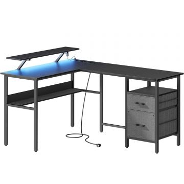 Birou forma l suport monitor raft 2 sertare 4 prize usb, 120x150x76 cm, modern, negru
