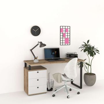 Birou STUDIO 2, cu Casetiera 3 sertare, Stejar, Alb