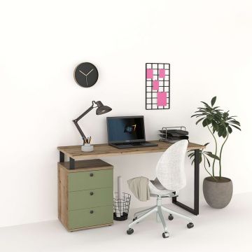 Birou STUDIO 2, cu Casetiera 3 sertare, Stejar, Verde Eucalipt
