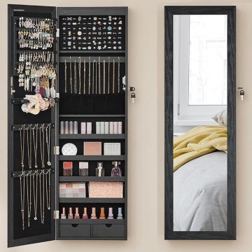Dulap bijuterii oglinda mdf montare perete depozitare, 37x10x120 cm, led optional, negru