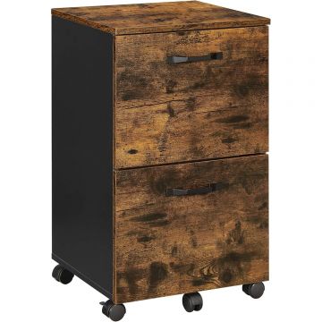 Dulap birou tip rollbox cu 2 sertare pentru documente A4, cu roti, stil industrial, 42x40x70 cm, maro rustic