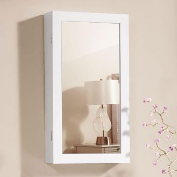 Dulap de bijuterii cu oglinda, montare pe perete, incuietoare, 37x11x67cm, alb