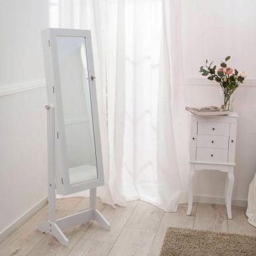 Dulap toaleta bijuterii oglinda mare carlige rafturi lemn mdf, 35x120 cm, depozitare, alb