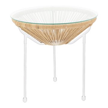 Masă Acapulco cu design metalic, ratan alb și natur, durabil, 50x52 cm