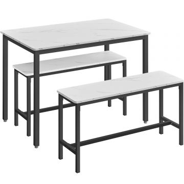 Masa bar 2 banci cadru metalic design industrial pal, 110x70x75 cm, design modern, alb marmura