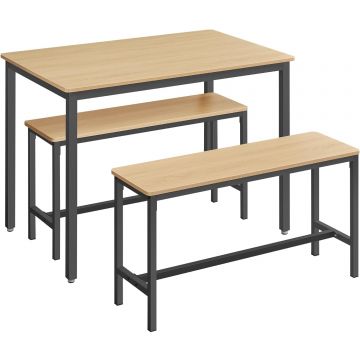 Masa bar 2 banci cadru metalic design industrial pal, 110x70x75 cm, design natural, stejar natur