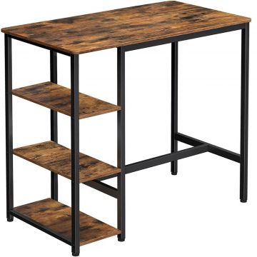 Masa de bar dreptunghiulara cu cadru metalic, 3 rafturi, design industrial, 109x60x100cm, maro vintage si negru