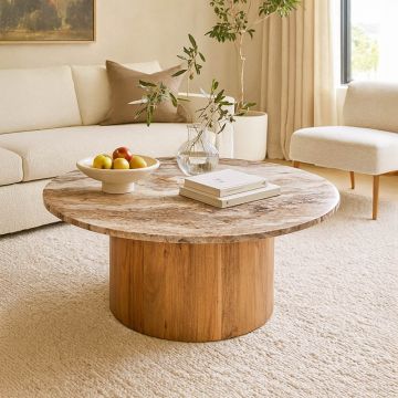 Masa de cafea cu blat din marmura Sergy, lemn masiv de acacia, 90x40 cm