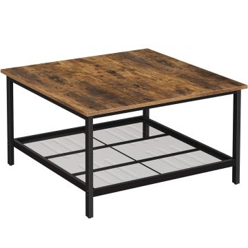 Masa de cafea patrata, cadru otel si polita de depozitare, stil industrial, 80x80x45cm, maro rustic si negru