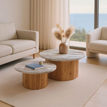 Masa de cafea set 2 piese Sergy, Solid, Lemn de acacia și marmura, Natural, variate