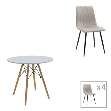 Masa de dining set 5 piese Julita Noor, Lemn, Alb-Gri, D80x76 cm