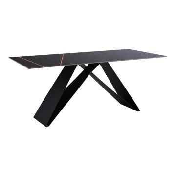 Masă dining cu blat din piatră sinterizată Meja, negru marmorat, 180x90x76 cm