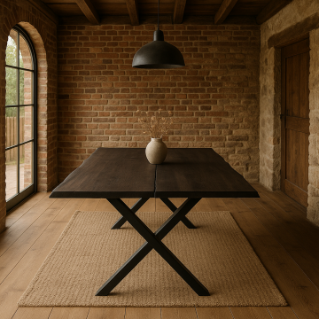 Masa Dining din Lemn Masiv de Stejar cu Picioare Metalice, 8-12 Persoane - BERGO 240x95x75 cm (10 persoane), Stejar Afumat, X