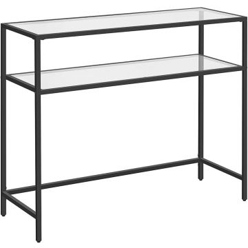 Masa intrare 2 nivele blat sticla securizata cadru metalic, 35x100x80 cm, design modern, negru