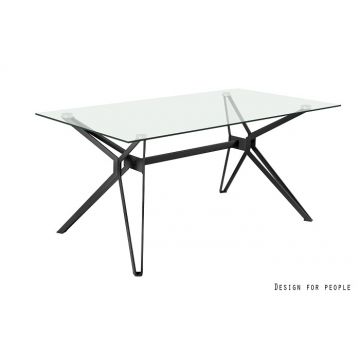 Masa living Texas, cadru metalic negru blat sticla transparent, 160 x 90 x 76 cm