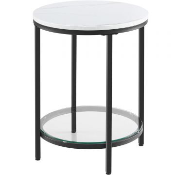Masa rotunda cadru otel noptiera pal sticla calita, 45x55 cm, design elegant, negru aspect marmura