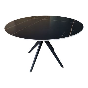 Masa rotunda cu aspect de marmura, piatra sinterizata/metal negru, 120x76 cm