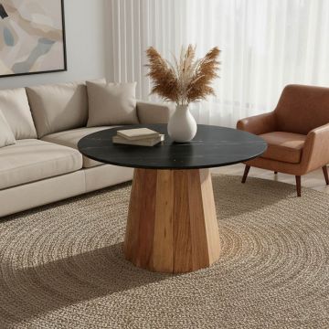 Masa rotunda cu blat din marmura negru Ezerdian, Lemn Acacia și Marmura, D120x76 cm