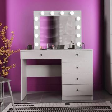 Masa toaleta machiaj cristal 12 led oglinda 5 sertare pal, 110x47x77 cm, design glamour, alb