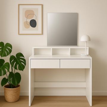Masa toaleta machiaj cu oglinda si 2 sertare pal, 80x40x140 cm, design modern, alb