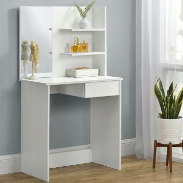 Masa toaleta machiaj oglinda rafturi sertar pal, 75x40x136 cm, design modern, alb