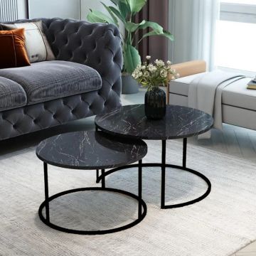 Măsuțe de cafea set 2 piese cu aspect de marmură, Solme, Metal Negru, flexibile, 75x75x45 cm