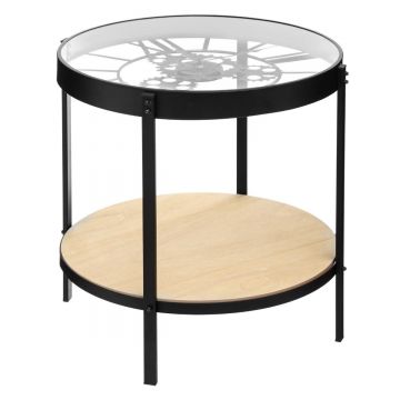 Masuta cafea Atmosphera Meca cu blat sticla si mecanism ceas decorativ, 50x51 cm, negru